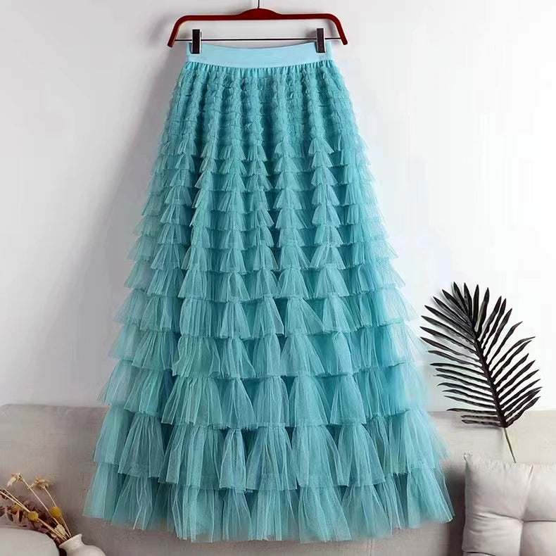 Spring Summer Women High Waist Slim Long Skirt Lolita Style Sweet Multilayered Mesh Patchwork Cake Skirt lake blue One Size
