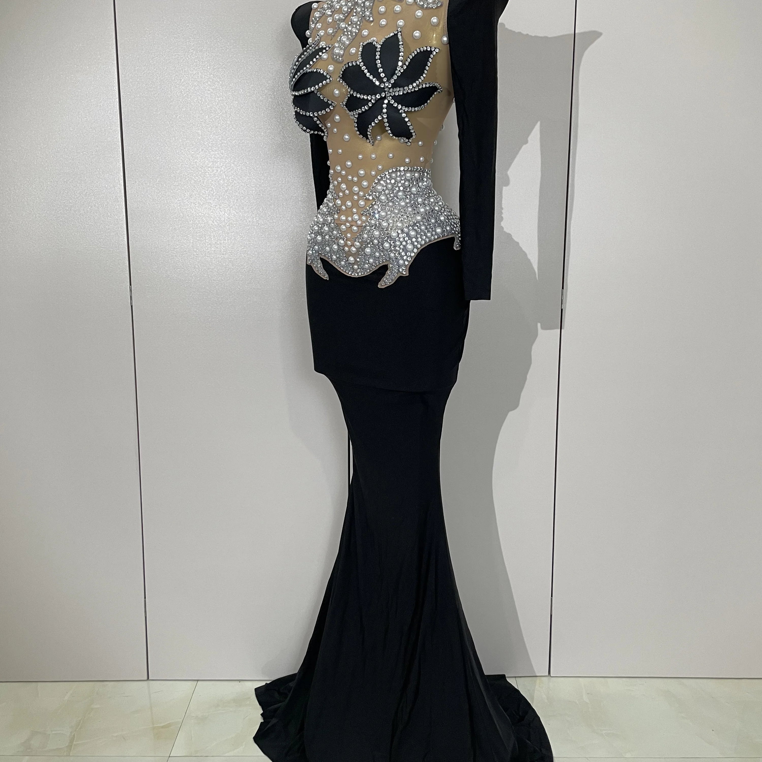 Sparkly Diamonds Pearl Black Sexy See Through Mesh Long Dress Women Wedding Evening Luxury Birthday Party Stage Photoshoot Dress