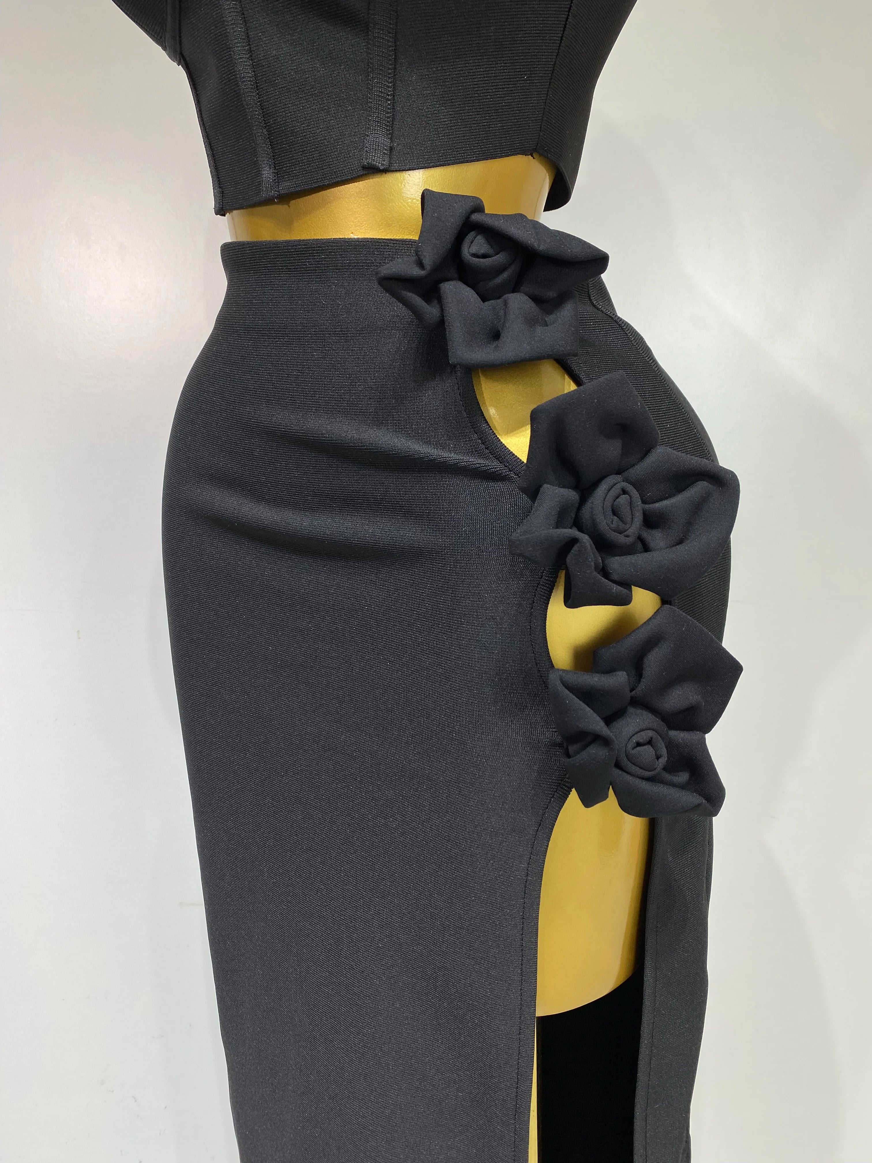 Summer New 2025 Women Sexy Flower Black Red Bandage Two Piece Set Celebrity Evening Party Skirt Suits Luxury Birthday Outfit