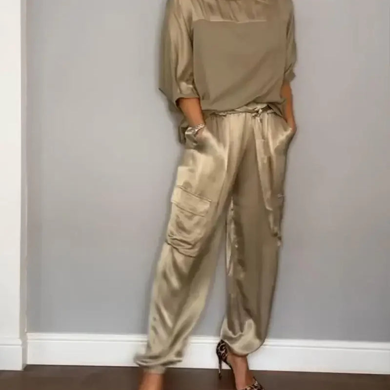 Summer Satin 2 Piece Set Women Casual Solid Color 2 Piece Outfit Half Sleeve Tops Loose Fit Pants Suit Two Piece Sets Gold