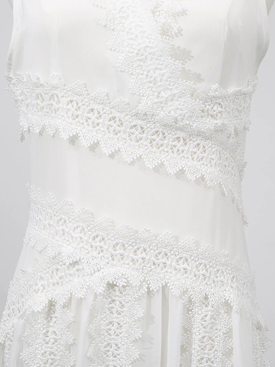 TWOTWINSTYLE White Spliced Lace Minimalist Dresses for Women V Neck Sleeveless Temperamnet Long Dress Female Fashion Clothes New
