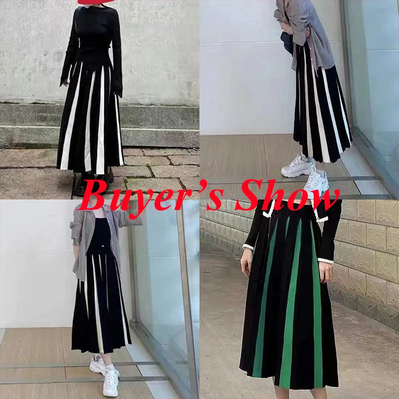 Fashion Patchwork Knitted Long Skirt Women Spring High Waist Pleated Skirt Woman Chic Striped Mixed Color Midi Skirts Mujer