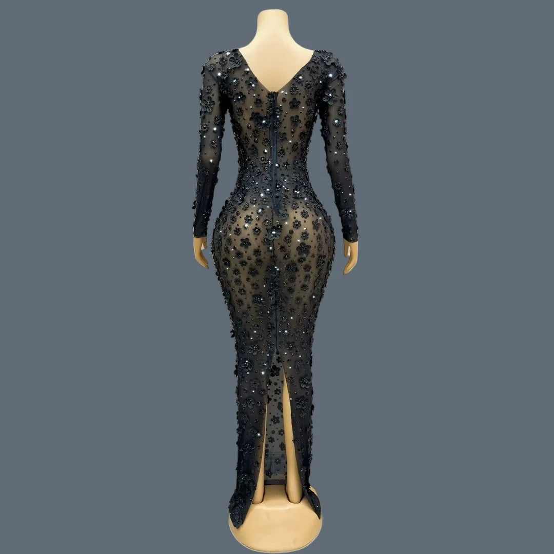 Shine Rhinestone Black Evening Dress Sheer Mesh Tight Fitting Flower Long Dress Elegant Mysterious Party Sexy Women Dress Cunjie