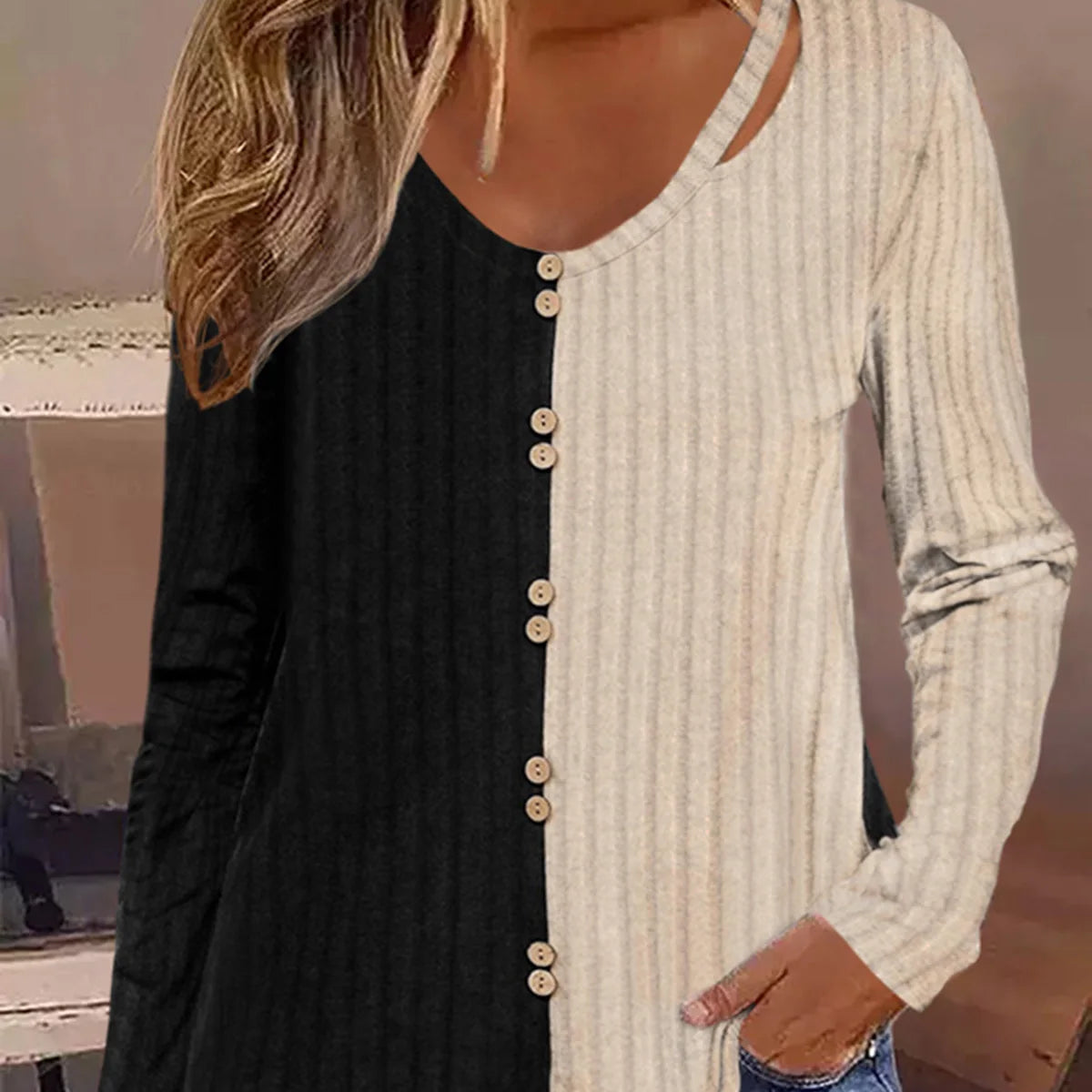 Color-Blocked Ribbed Button Hollow Out Blouse Elegant Women Casual Long Sleeve Loose Fashion Comfy Autumn Commuter Tops MULTI