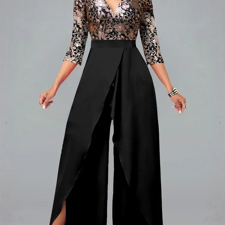 Sets Outifits 2023 Gilded Floral V-neck Loose Fitting Jumpsuit of One Fashion Casual Pieces for Women Elegant Female