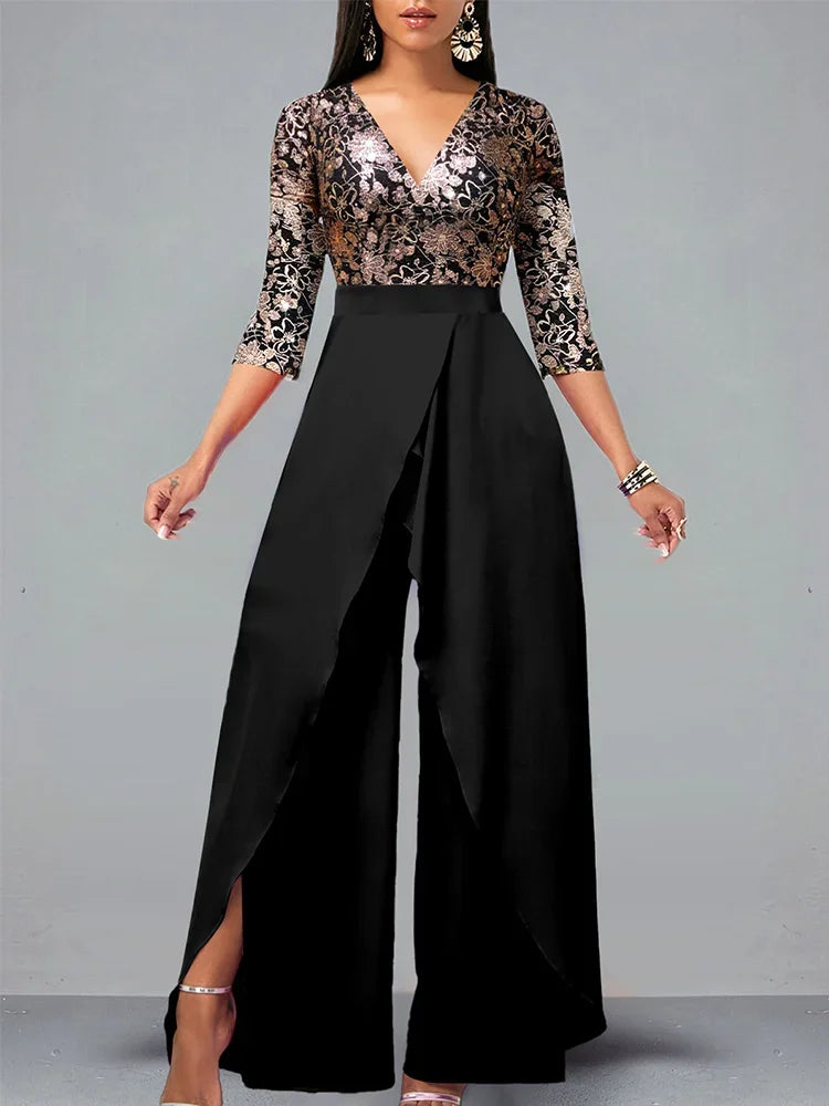 Sets Outifits 2023 Gilded Floral V-neck Loose Fitting Jumpsuit of One Fashion Casual Pieces for Women Elegant Female