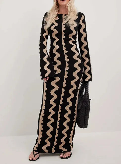 Striped Knitted O-neck Long Sleeve Midi Dresses Elegant Women Bodycon A-line Vestidos Female Fashion Casual Street Maxi Clothes CYC1327-KU
