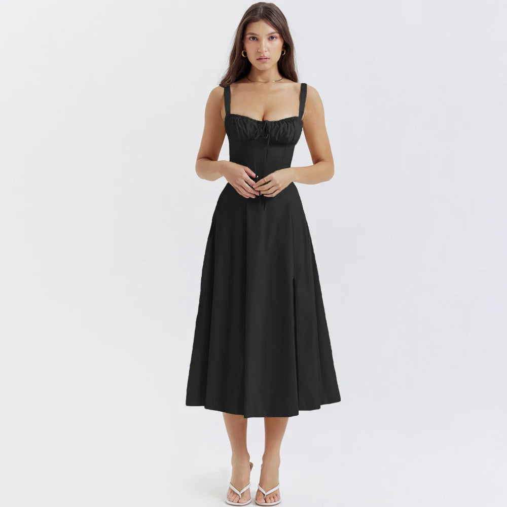 Elegant A Line Midi Dress Sexy Spaghetti Strap Lace Up Red Holiday Party Dresses Split Summer Dresses Women similar to its brand 1