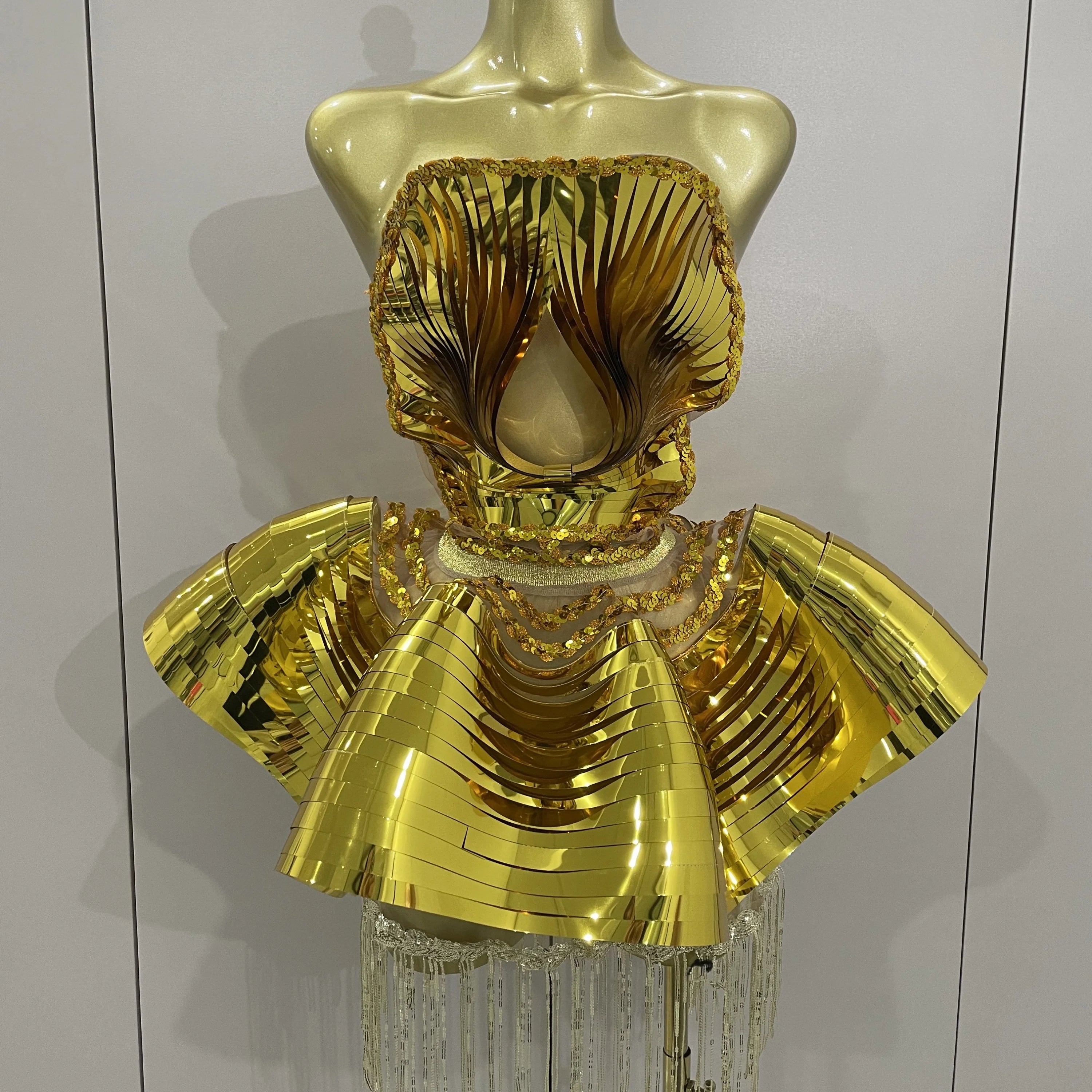 STOCK Shiny Gold Mirrors Sexy 2 Pieces Mini Dress 2025 Women Celebrate Birthday Party Performance Stage Costume Festival Wear