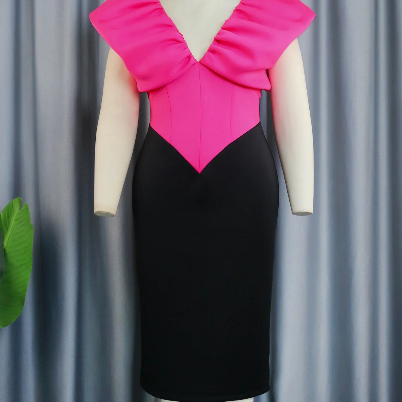 Deep V Neck Party Dress Rose Black Patchwork Sleeveless High Waist Evening Party Large Size Midi Pencil Gowns Outfits for Ladies