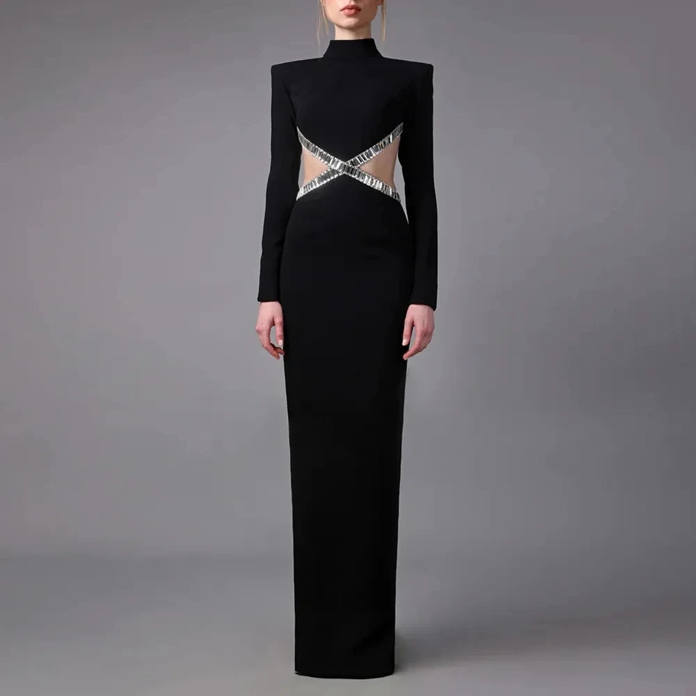 Luxury Squares Diamonds Sexy Hollows Out Blackless Long Dress Elegant Goddess Evening Dress Celebrity Party Outfit