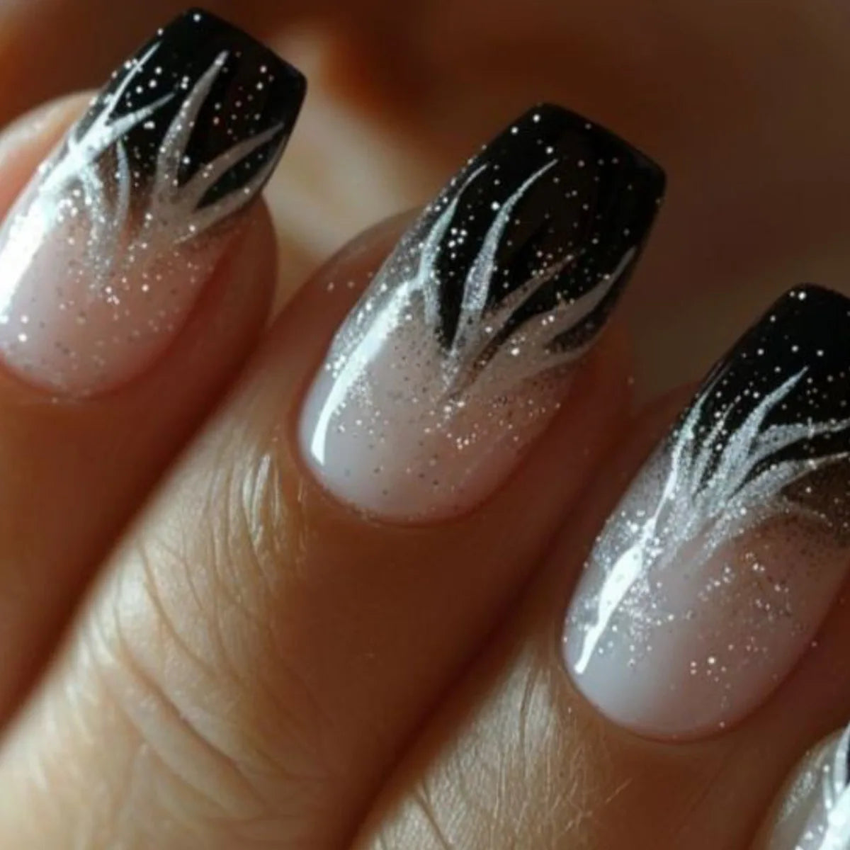 24Pcs Medium Square Fashion Black Manicure Gradient Brown with Cat's Eye Leopard Print Detachable False Nails Stickers for Women