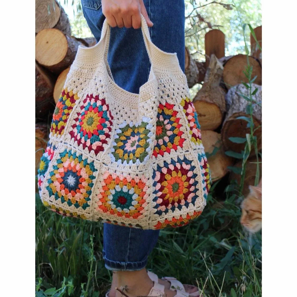 Navy Granny Square Crochet Bag Hippie Classic Handmade Crochet Colorful Boho Chic Shoulder Tote Bags For Winter off-white