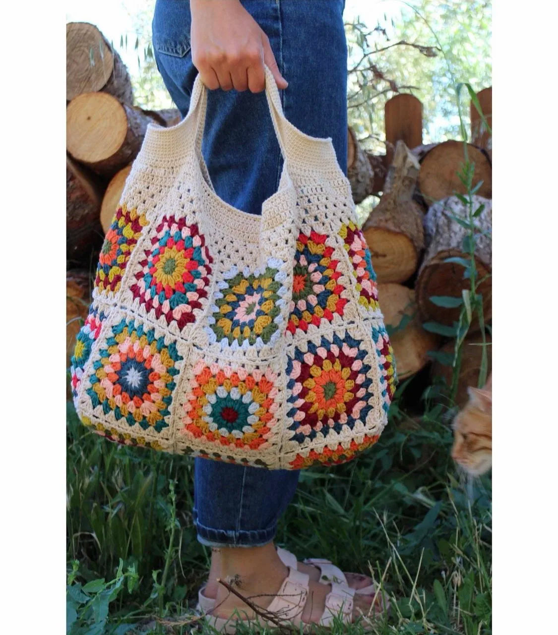 Navy Granny Square Crochet Bag Hippie Classic Handmade Crochet Colorful Boho Chic Shoulder Tote Bags For Winter off-white