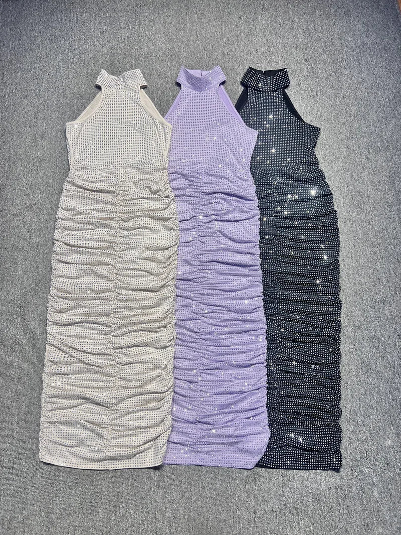 Women Celebrity Sexy Sleeveless Diamonds Backless Ruched Beige Maxi Long Gowns Dress Elegant Evening Party Club Vestido