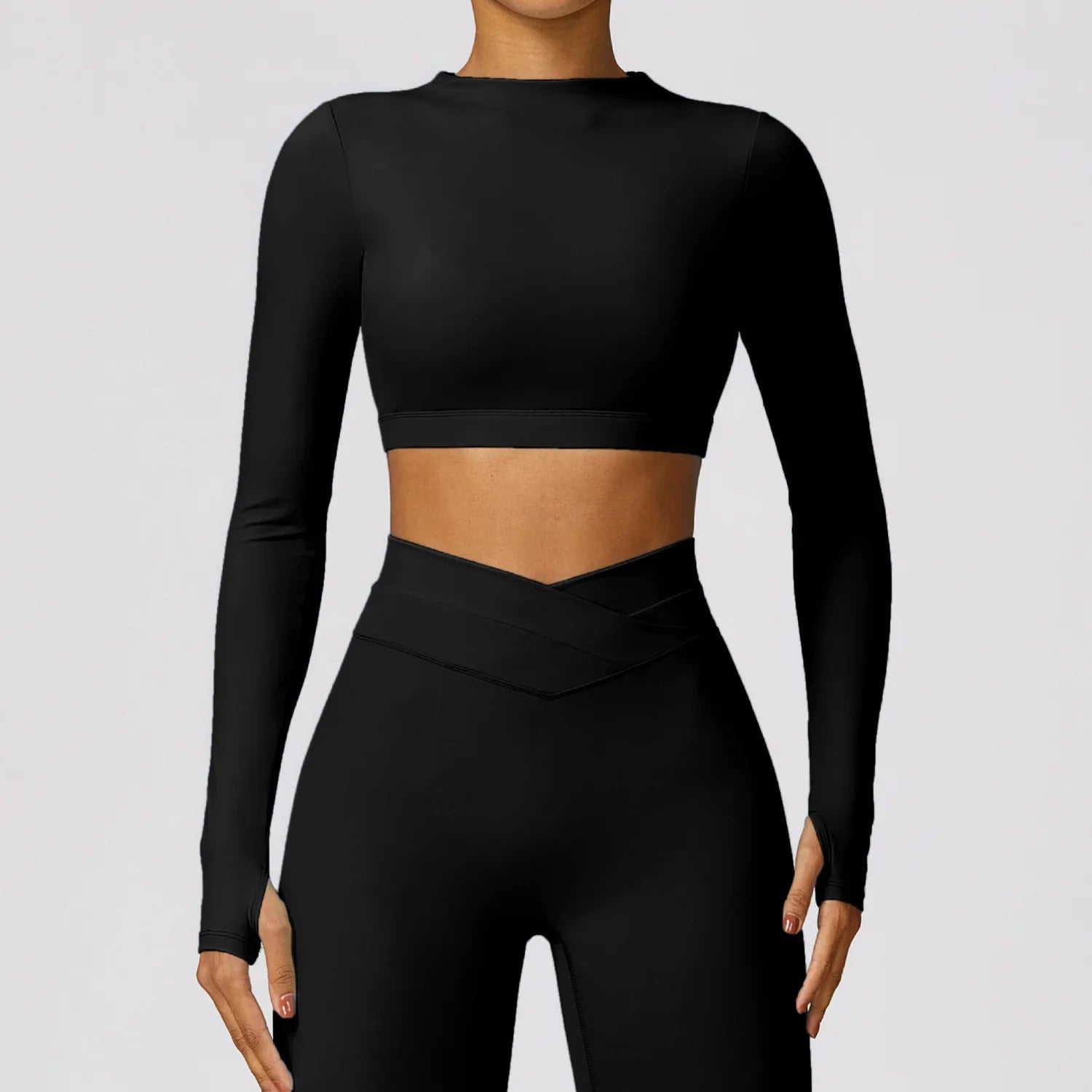 New Women's Long Sleeve Top Yoga Shirts Running T-Shirt Workout Running Fitness Gym Sports Top Training Crop Top Solidcolor Premium black CHINA