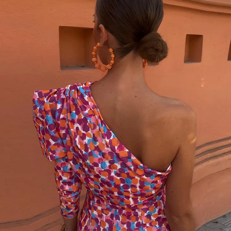 Women's Diagonal Shoulder Printed Maxi Dresses Fashion Asymmetric Long Puff Sleeve Dress New Lady Party Club Vestidos