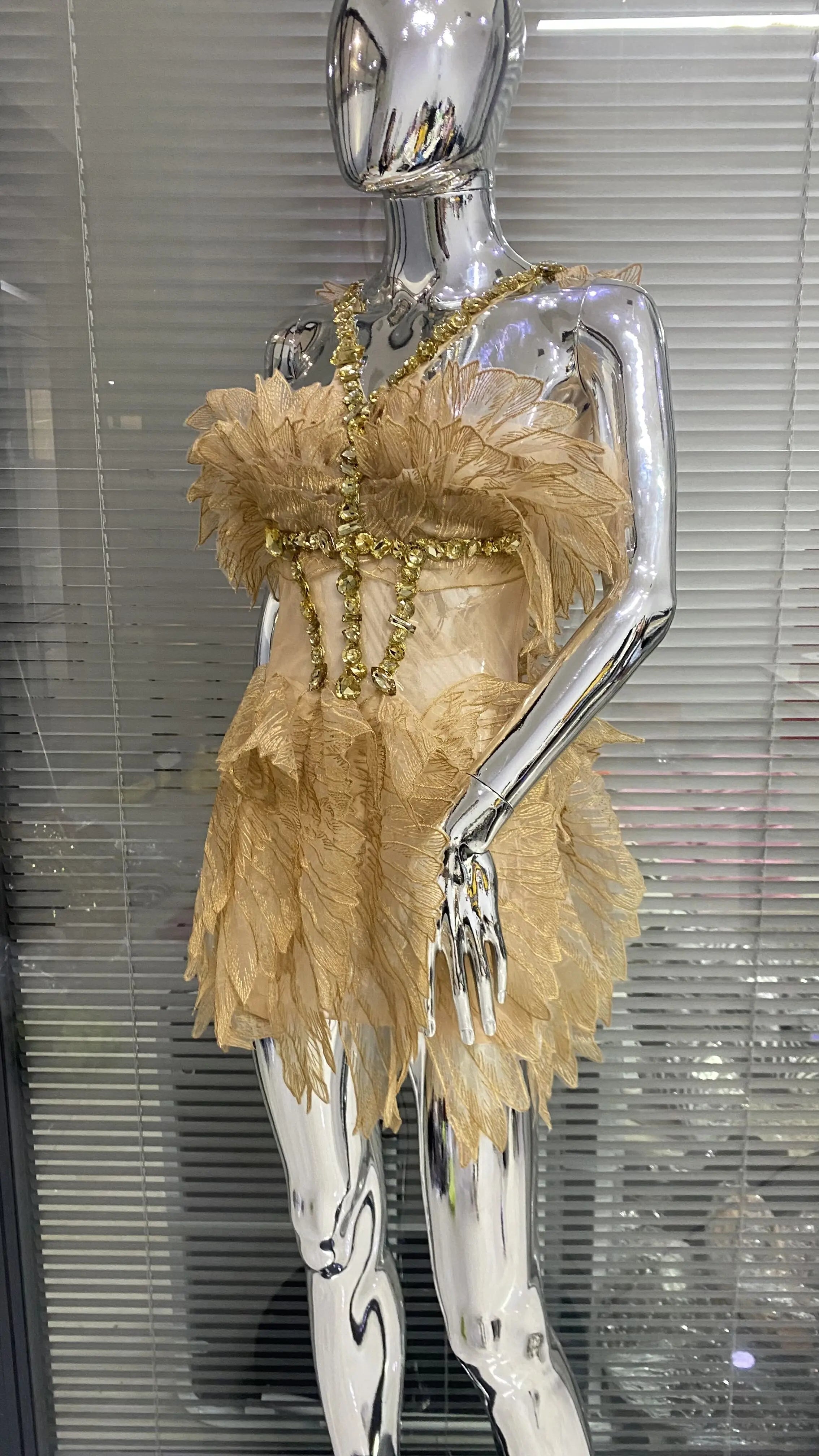 Gold Color Women Sexy Halter Crystal  Bodycon Mini Dress Celebrate Birthday Party Girls' Nightclub Bar SInger Dress