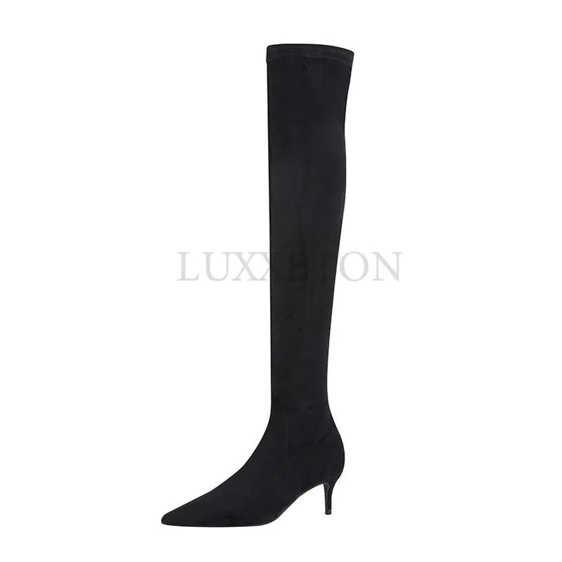 Women Winter Boots Slim High Heel Suede Stretched Over Knee Long Boots Sexy Pointed Down Thigh Long Botas Fashion
