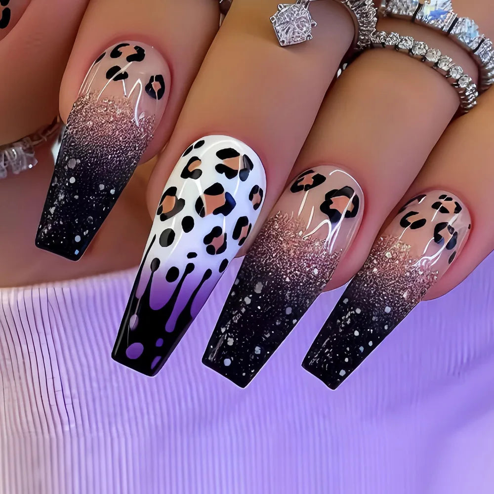 Medium long fake nails for women girls Y2K colorful gradient leopard print Pink green coffee coffin tips press on false nail set