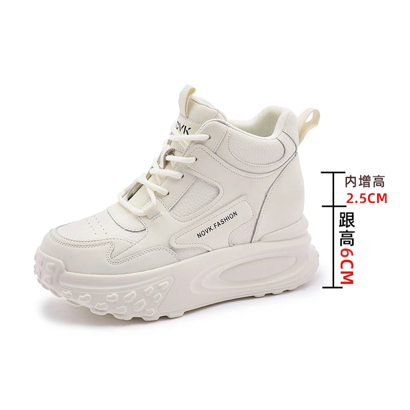 Fujin 8.5cm Cow Genuine Leather Thick Soled Spring Platform Wedge Chunky Sneakers Women Autumn Fashion Hidden Heels Ladies Shoes white