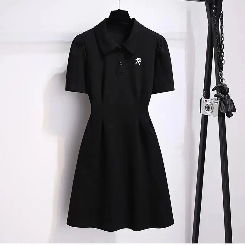 Women Preppy Style Clothing French Sporty Pink Polo T-shirt Dresses Summer New Lady Casual Embroidery Letter Solid Dress Black
