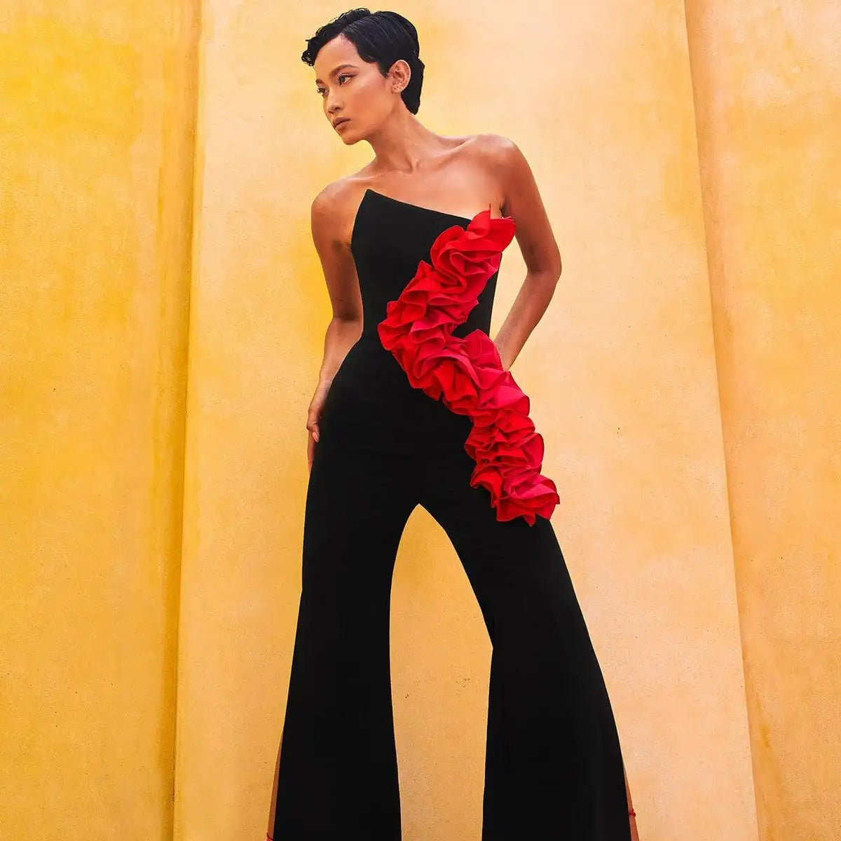 Top Black Women Sexy Off the Shoulder Ruffles Straight Bandage Jumpsuit Fashion Celebrate Evening Party Wear