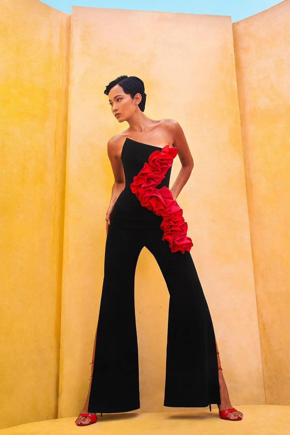 Top Black Women Sexy Off the Shoulder Ruffles Straight Bandage Jumpsuit Fashion Celebrate Evening Party Wear