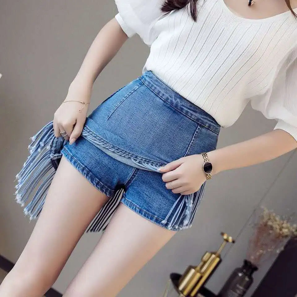 Denim Mini Skirt Women with Shorts Oblique Hem Tassel Summer 2024 Korean Fashion Streetwear Jean Skort Stylish Night Club Outfit