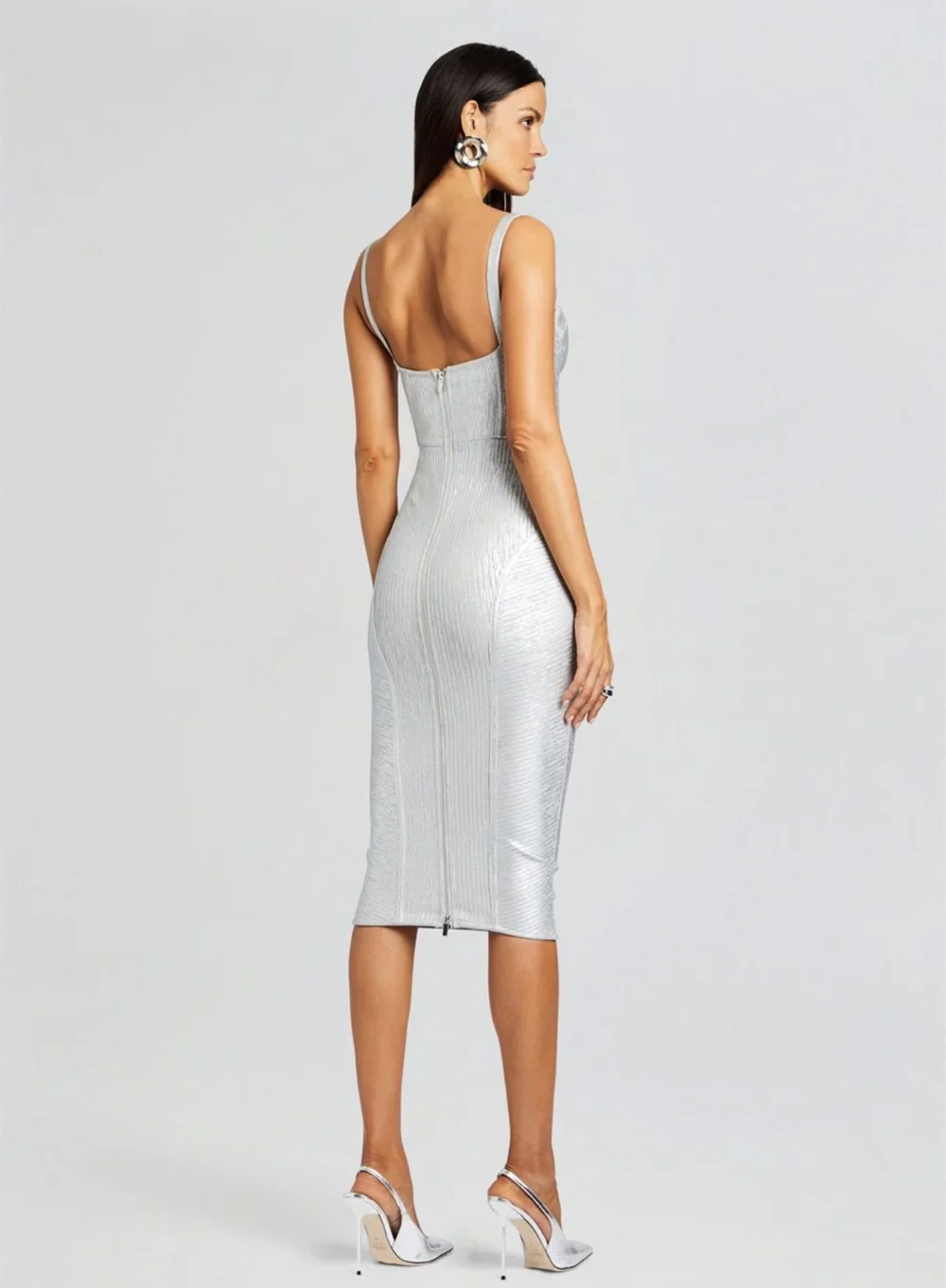 Foil Silver Color Women Sleeveless Sexy Strap Square Collar Bodycon Midi Bandage Dress Celebrate Nightclub Party Dress Vestido