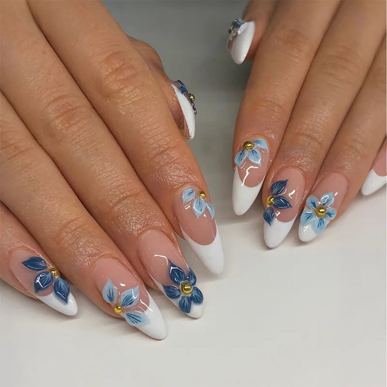 24pcs French Almond Press on Nails Flower Pattern Fake Nails False Nails Artificial Tips Накладные Ногти Uñas Postizas Mujer 네일팁