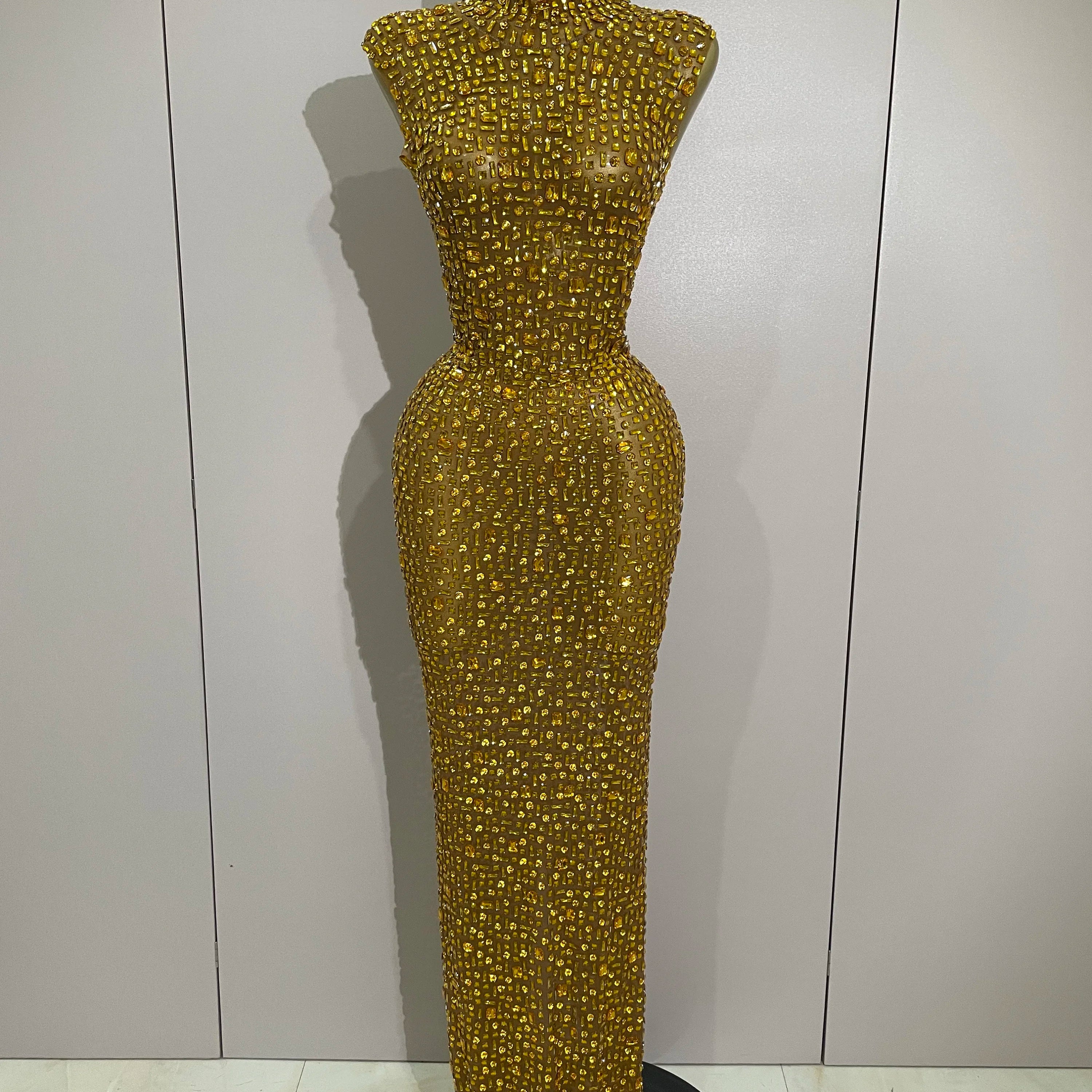 Sexy Sparkly Crystal Diamonds Mesh See Through Long Dress 2025 New Women Elegant Party Costume Singer Stage Performance Outfit