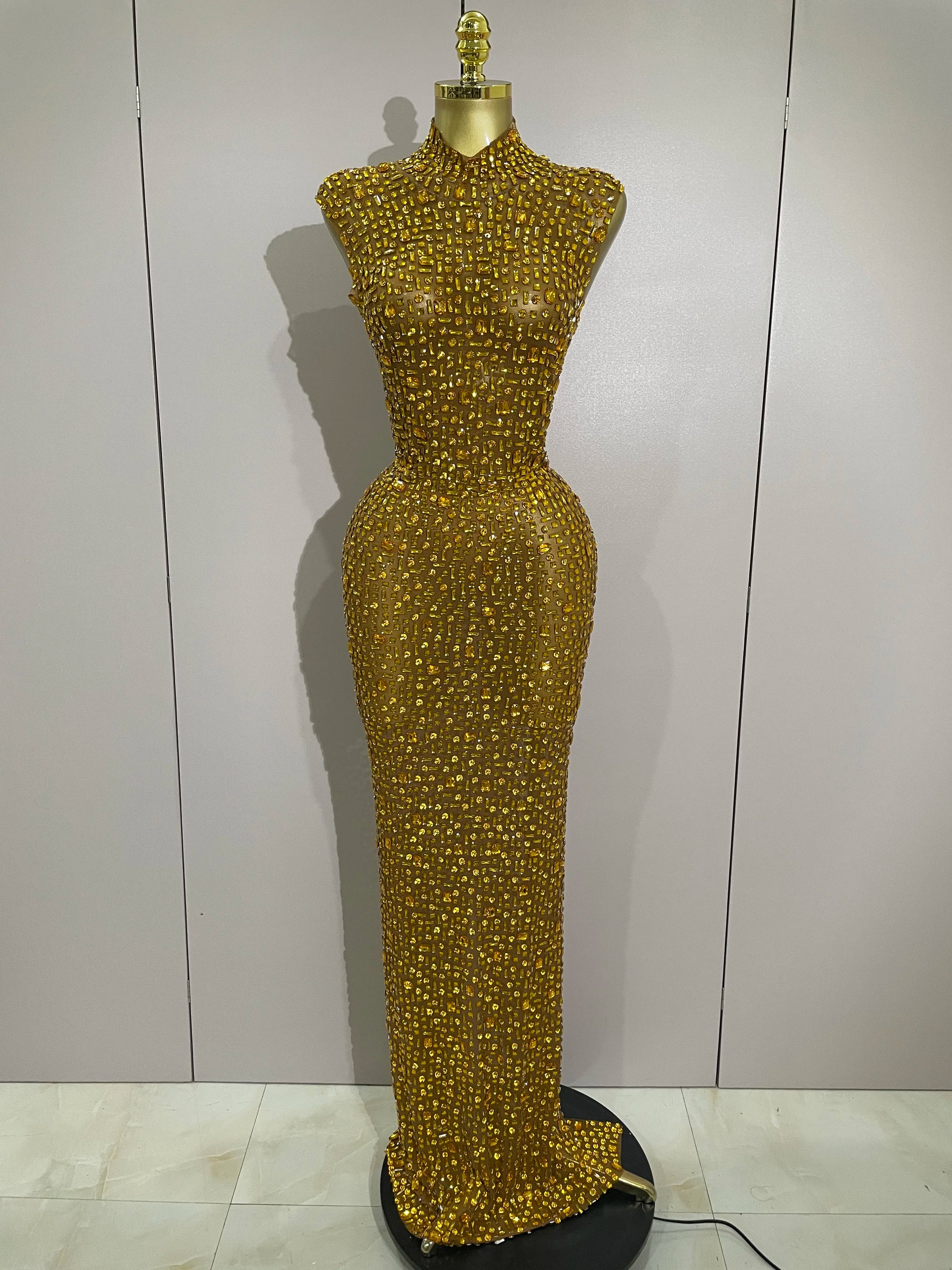 Sexy Sparkly Crystal Diamonds Mesh See Through Long Dress 2025 New Women Elegant Party Costume Singer Stage Performance Outfit