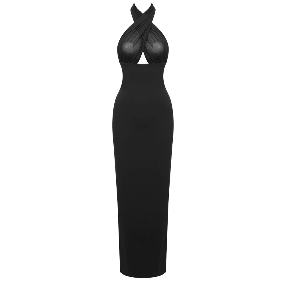 Long Ribbon Sexy V-Neck Sleeveless Halter Black Mini Ankle length Woman Birthday Party Dress Celebrity Evening Party Outfit
