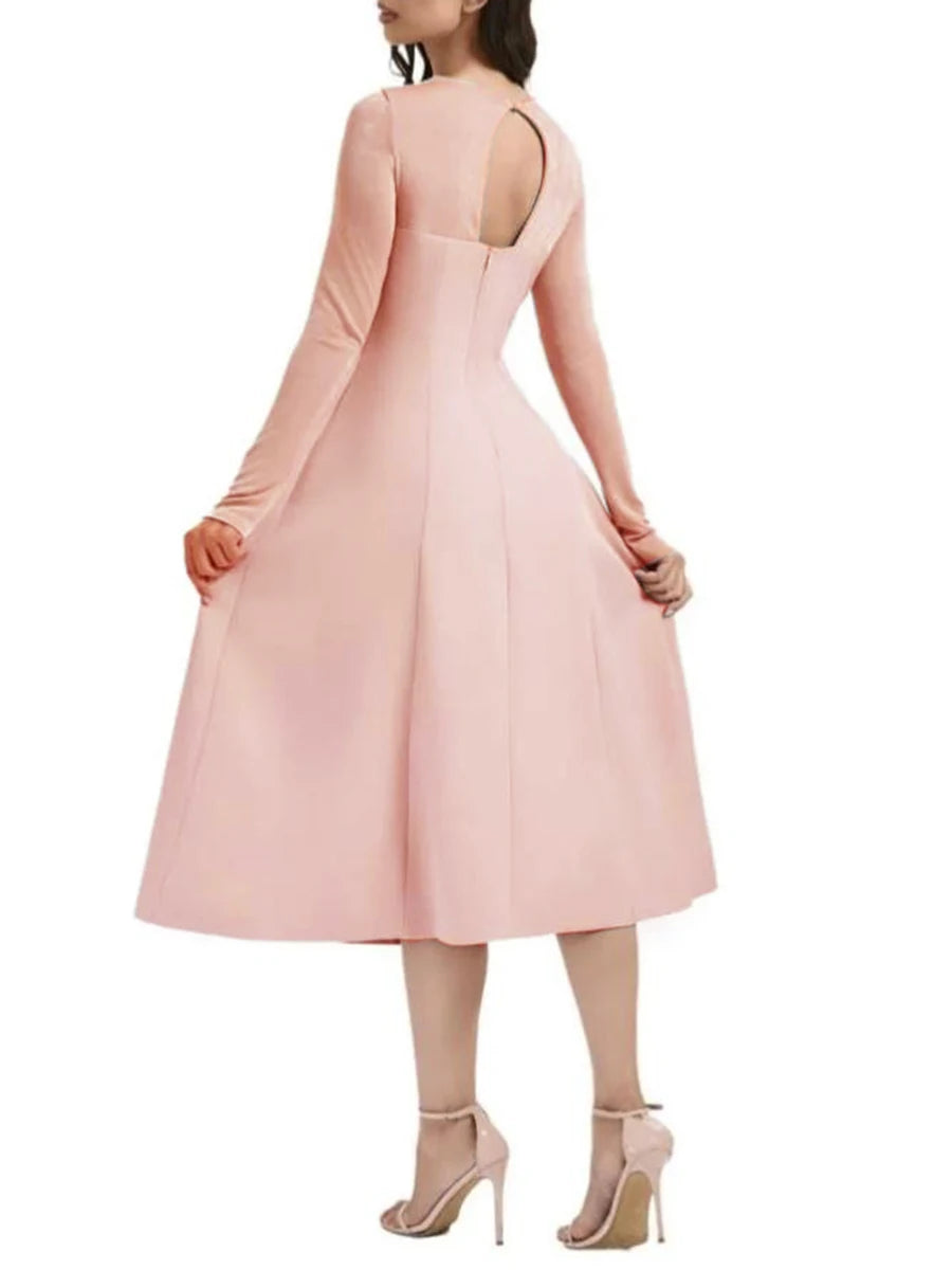 TWOTWINSTYLE Solid Slimming Bead Elegant Dresses for Women Round Neck Long Sleeve Hollow Out Temperament Dress Female Clothing