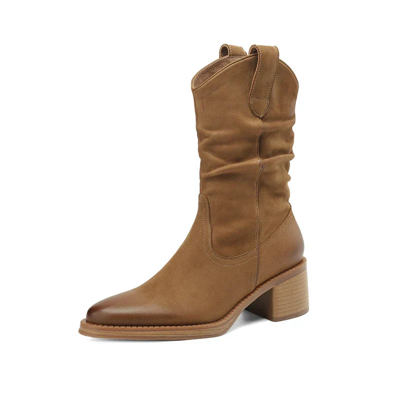 New Autumn/Winter Women Boots Round Toe Chunky Heel Shoes Western Boots Zapatos De Mujer Ankle Boots Genuine Leather Shoes Orange