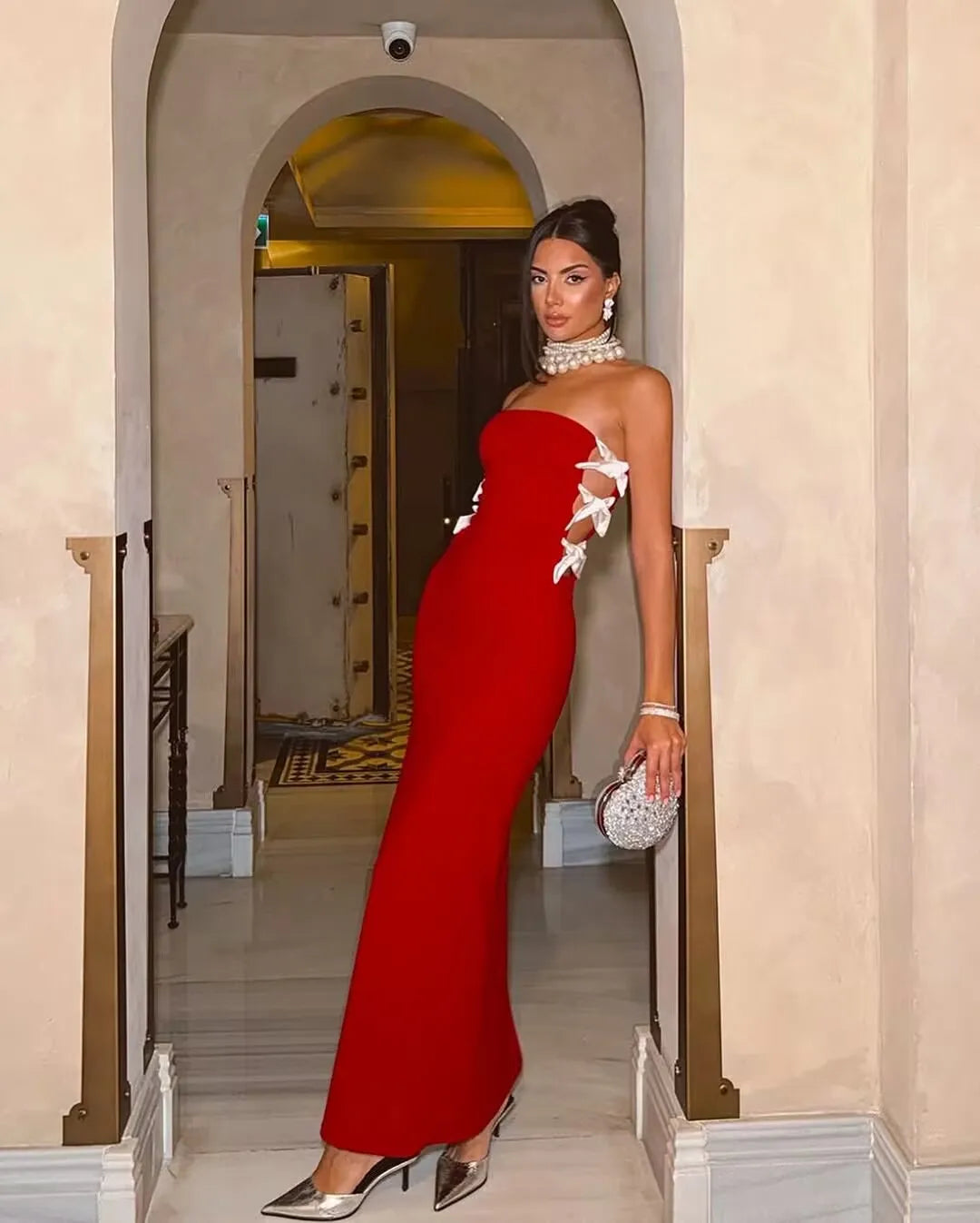 Red Black Women Sexy Off the Shoulder Bow Bodycon Bandage Long Dress Fashion Celebrate Evening Party Nightclub Wear