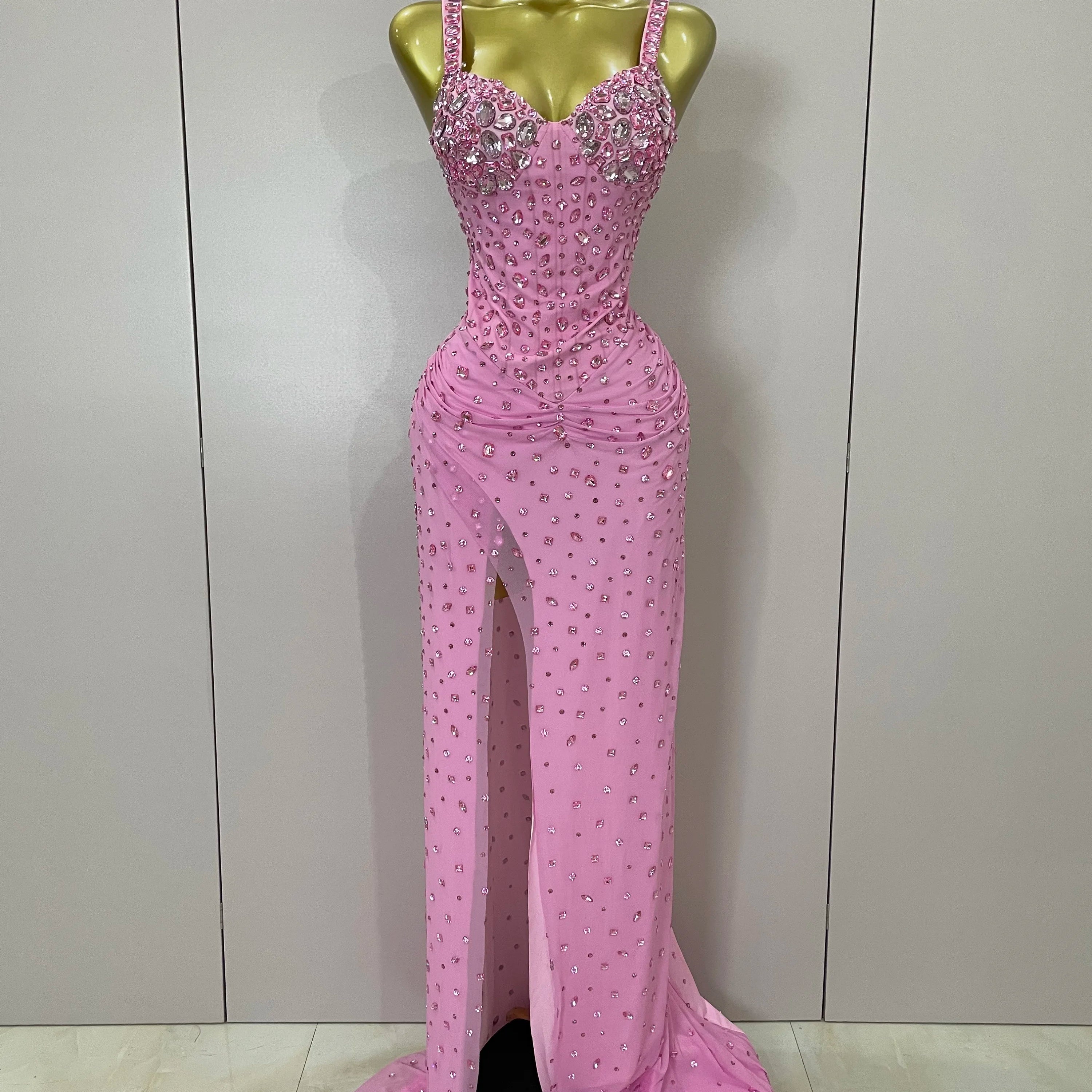 Luxury Pink Rhinestones Split Floor Length Dress 2025 Women Sexy Evening Celebrate Birthday Party Dress Photoshoot Stage Wear