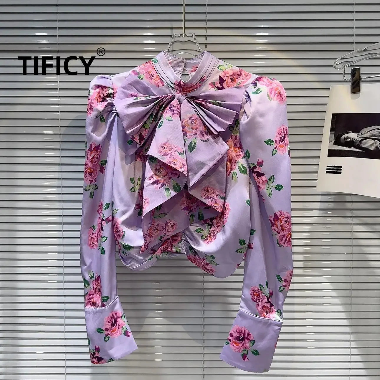 High Street Fashion Blouses Top Women's Autumn French Socialite Bow Collar Flower Print Bubble Sleeve Shirt Tops Blusa