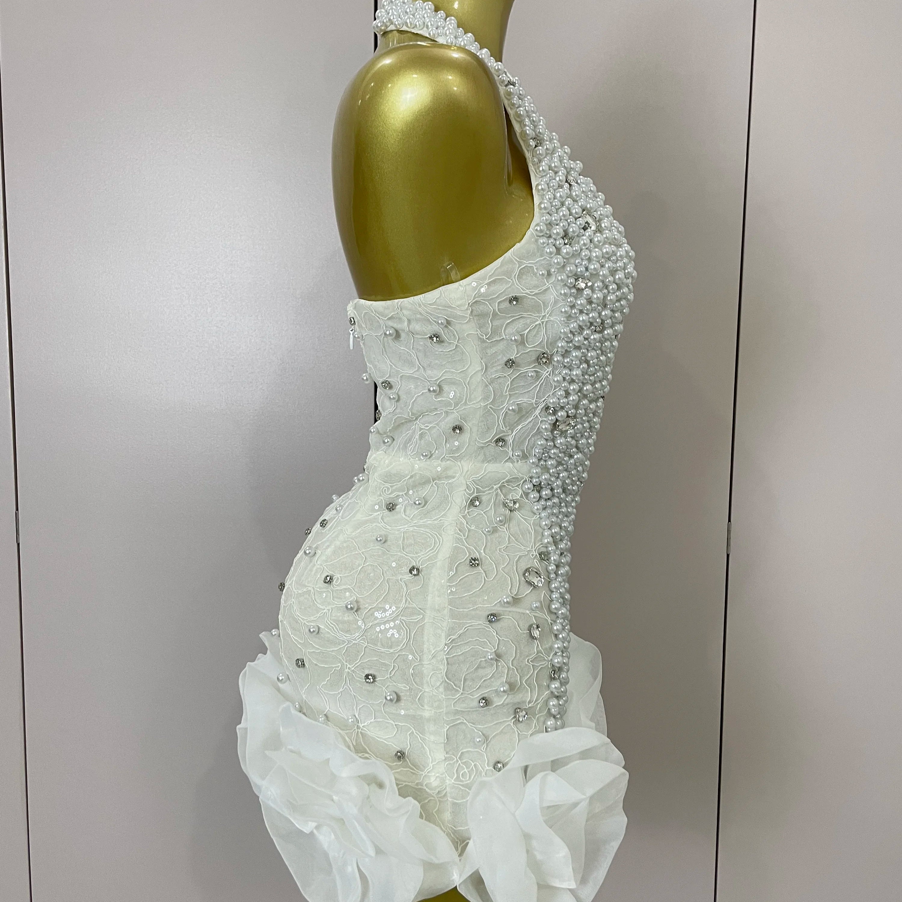 High Quality Luxury Shiny Diamonds Pearl Flowers Deep V Halter Short Dress Women Celebrate Eveing Celebrity Birthday Party Dress