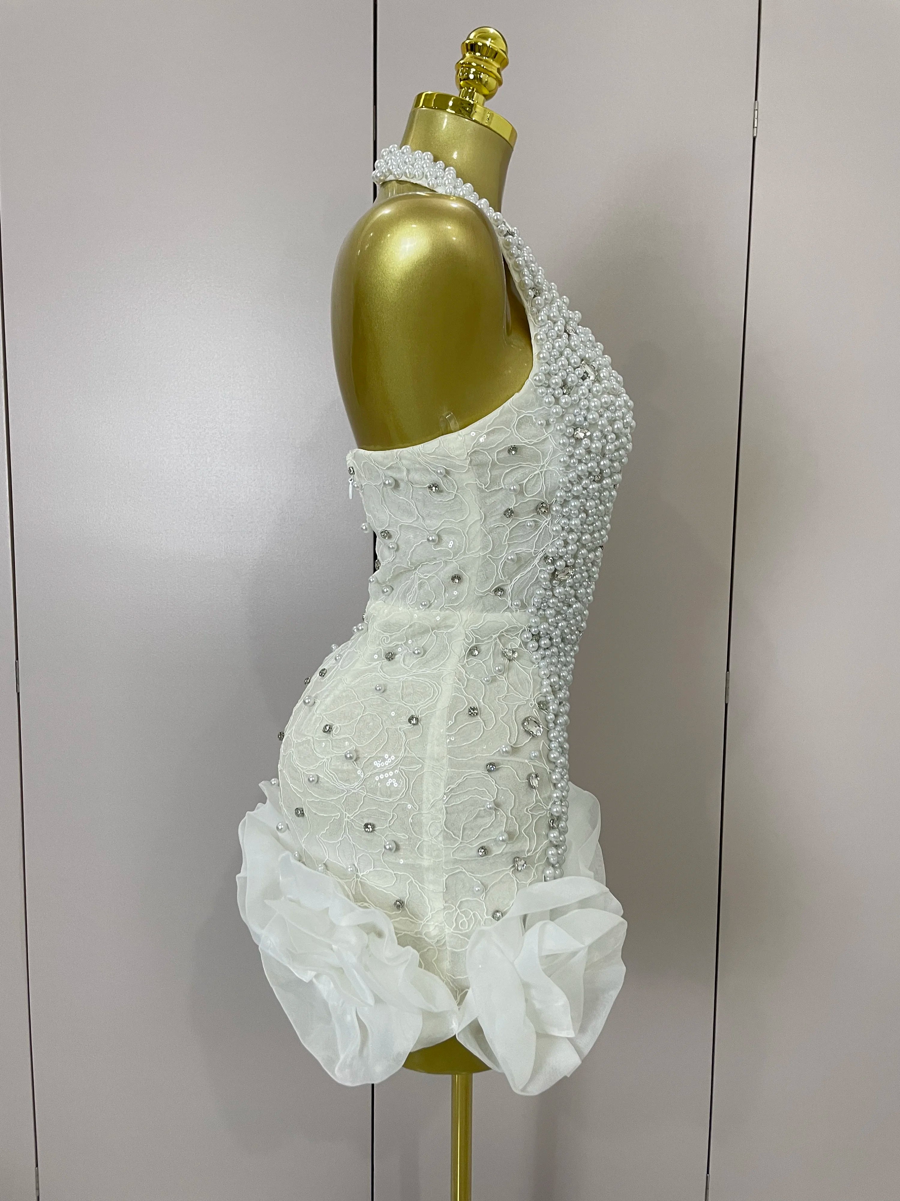 High Quality Luxury Shiny Diamonds Pearl Flowers Deep V Halter Short Dress Women Celebrate Eveing Celebrity Birthday Party Dress