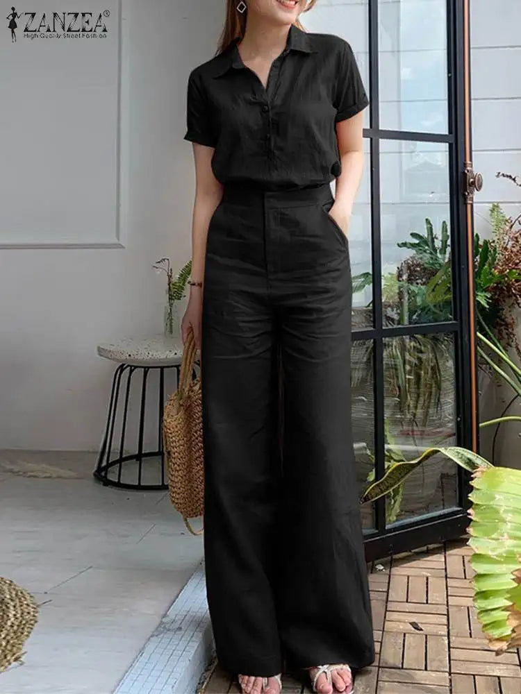 ZANZEA Summer Fashion Suit Lapel Short Sleeve Shirt Wide Leg Pants 2pcs Woman Vintage Office OL Matching Sets Casual Tracksuits black