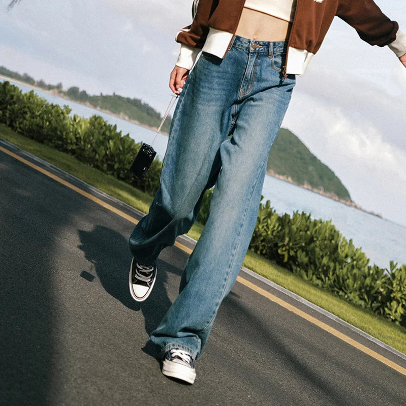 Women Jeans Autumn New Wide-leg Pants Street Mopping Retro Fringe Jeans Denim Blue Grey