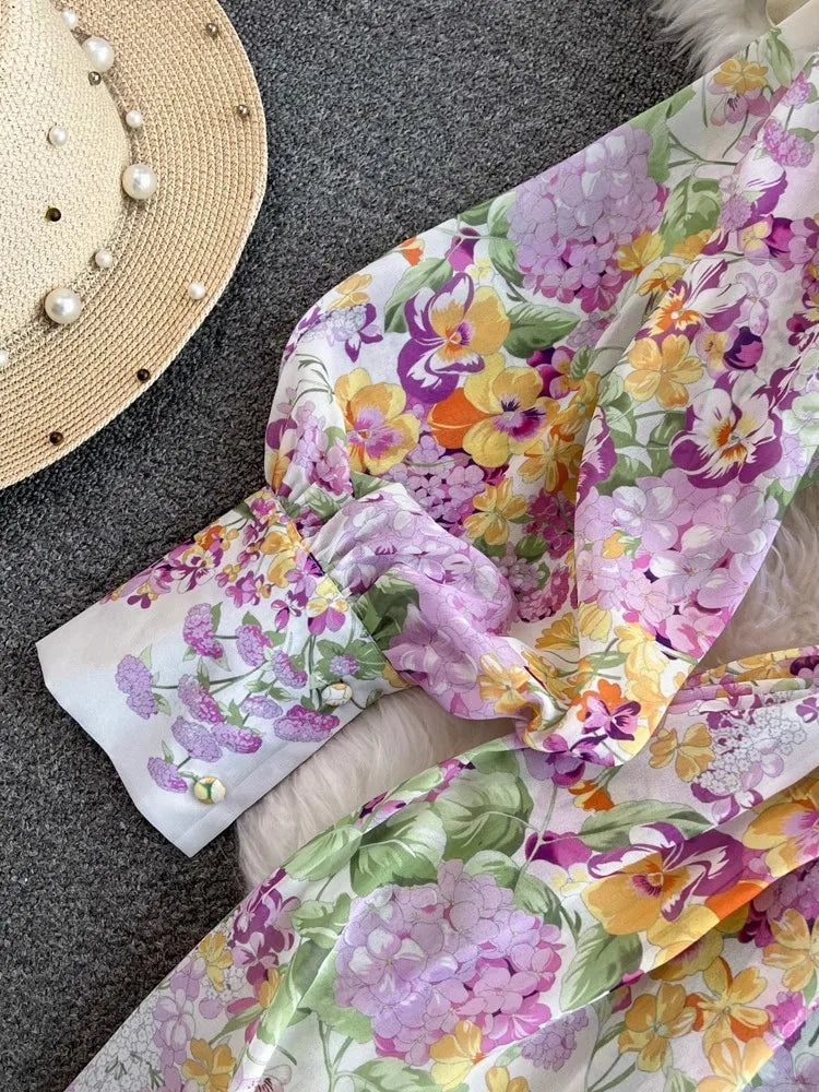 Fashion Bohemain Flower Maxi Dress Women's Stand Long Lantern Sleeve Single Breasted Floral Print Lace Up Loose Boho Robe