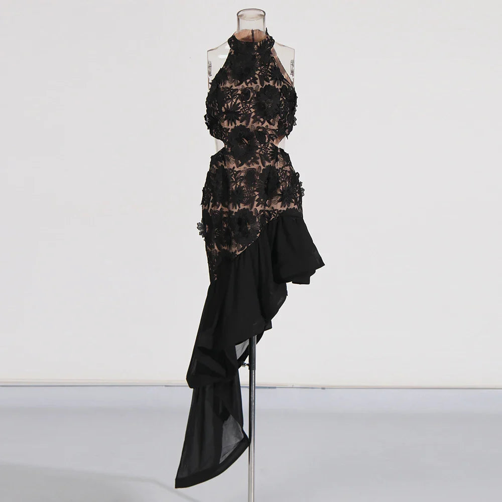 Vestidos assimétricos vazados para mulheres, gola redonda, sem mangas, cintura alta, bordado, estilo feminino