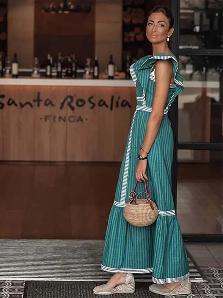 Vintage Plaid Flying Sleeve Shoulder Midi Dress Elegant Spliced Square Collar High Waist Vestidos Spring High Street Female Robe