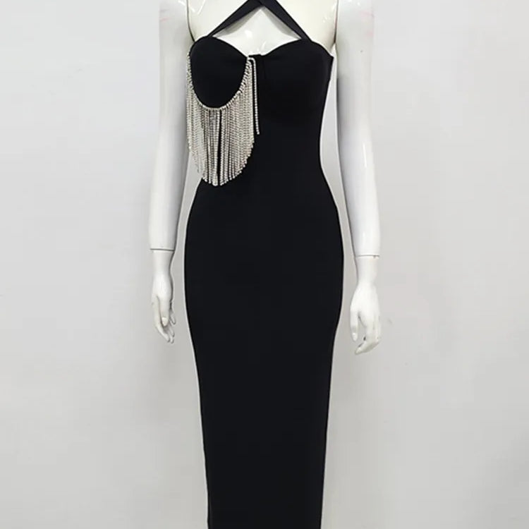 Women Summer Sexy Key Hole Diamonds Tassel Crystal Midi Black Bodycon Bandage Dress Elegant Evening Party Dress Vestido