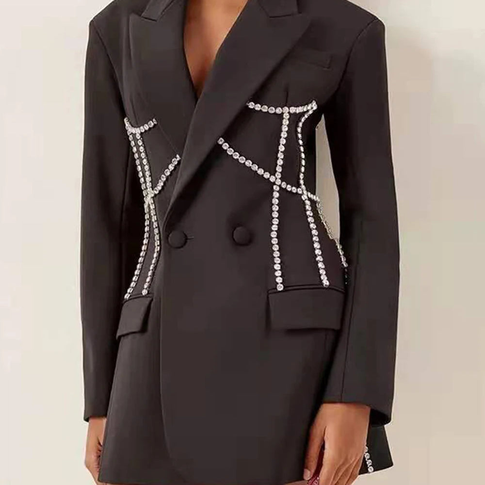 Fashion Trend Jacket Diamond Pattern Lapel Double-breasted Waist Mid-length Blazer Women coat