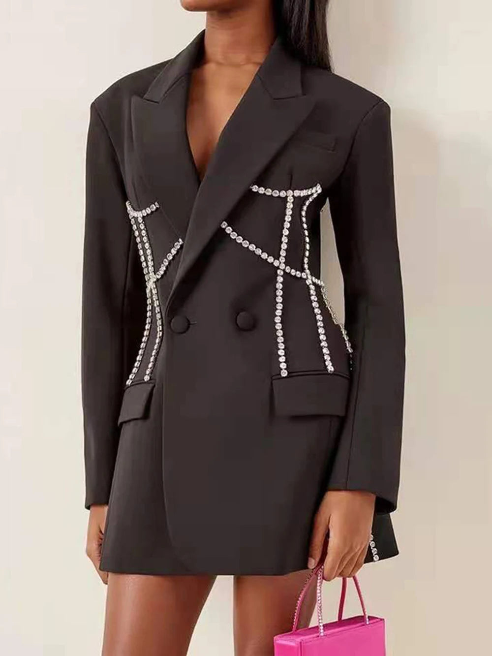 Fashion Trend Jacket Diamond Pattern Lapel Double-breasted Waist Mid-length Blazer Women coat
