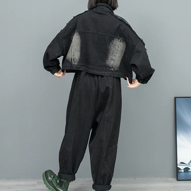 Spring Autumn New Trendy Cool Personality Distressed Long Sleeved Denim Jacket + Harem Pants Two-piece Set Women LX154